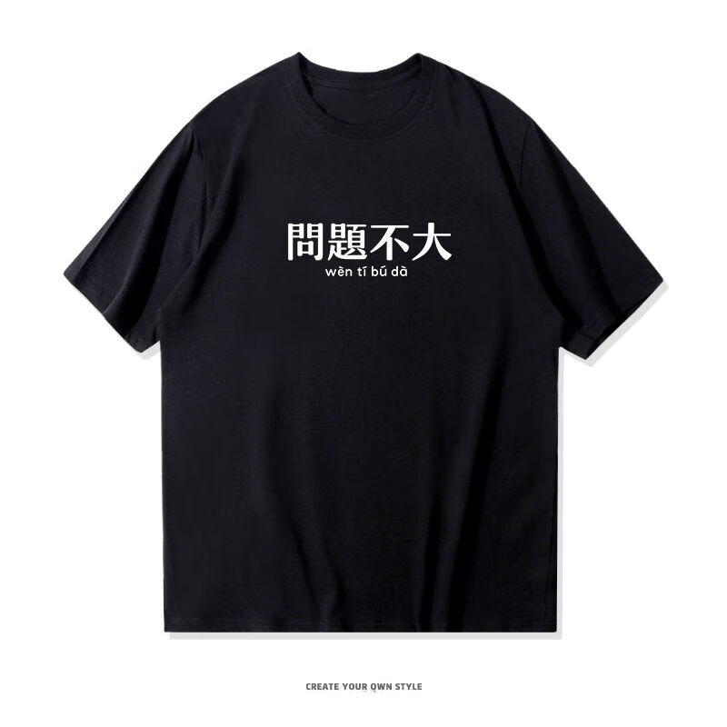 归随 国潮个性文字短袖t恤男问题不大棉质怀旧搞笑网红ins简约休闲半