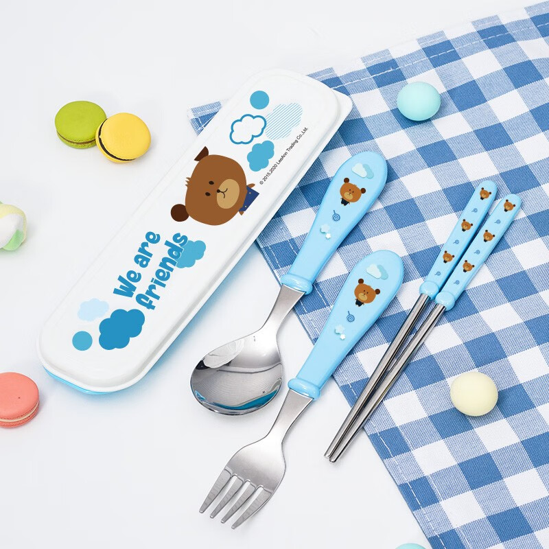 联扣（LianLock） 联扣儿童餐具套装316不锈钢勺子叉子筷子餐具盒便携 【316】熊ST树脂勺叉筷盒