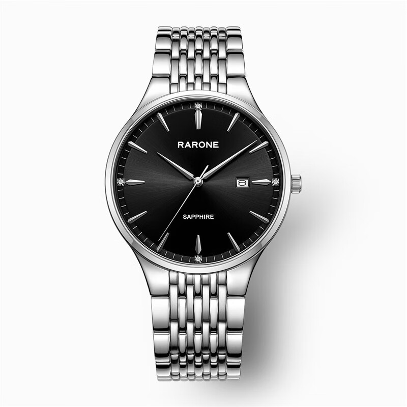 雷诺(rarone)新款雷诺表超薄休闲简约石英表日历女表钢带防水情侣表男