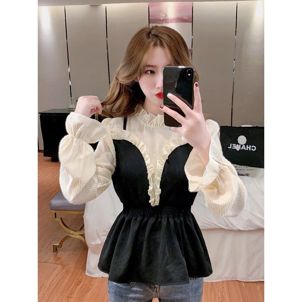 衫衣服显瘦打底雪纺衫女2022春季新款蕾丝上衣吊带假两件喇叭袖花边