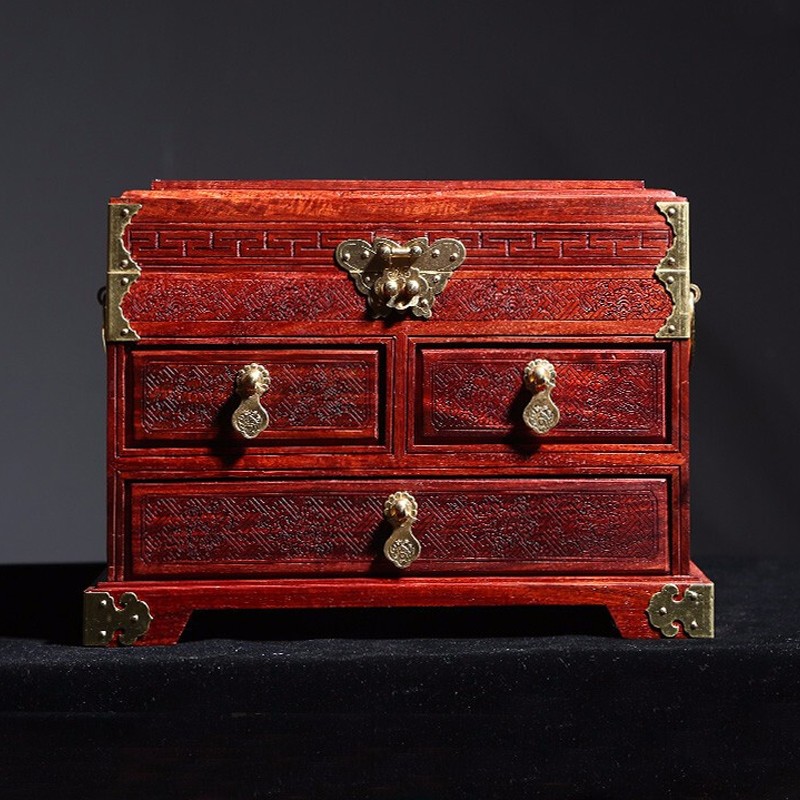 御木轩 赞比亚血檀百宝箱红木复古中国风镜箱实木首饰盒带锁木质珠宝