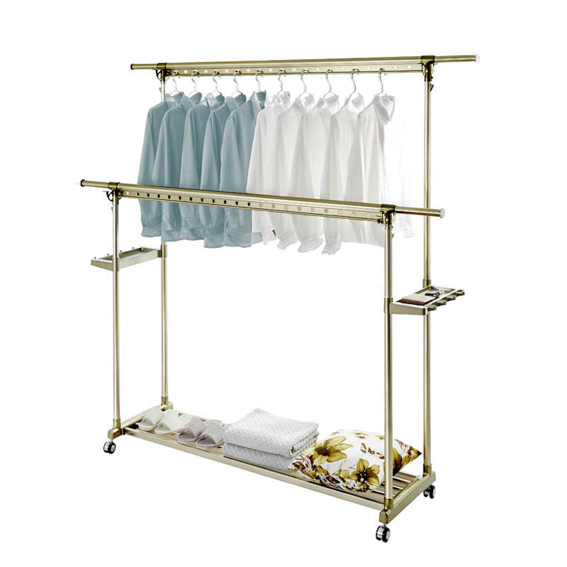 华峰 晾衣架落地双杆式铝合金伸缩晾衣杆可升降室内户外移动晾晒挂衣架阳台晾衣架 毛巾架款-耀光金