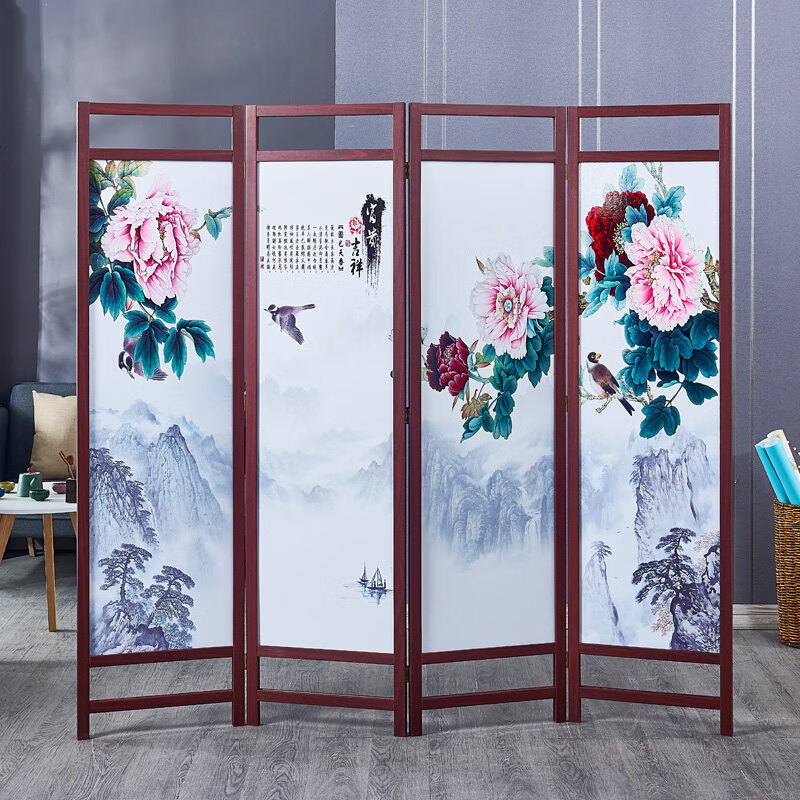 家用客厅遮挡玄关进门软 四扇牡丹花开富贵