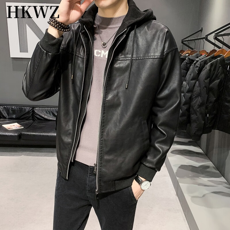 连帽的男皮衣秋冬季男士潮流假两件皮夹克外套男韩版修身戴带帽的皮