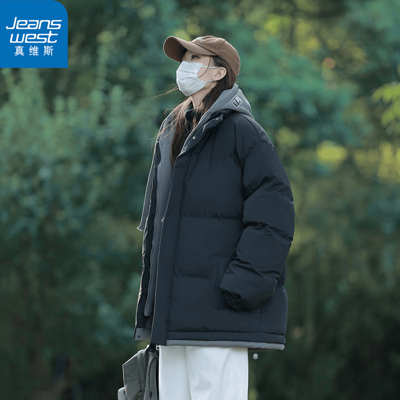 真维斯（Jeanswest）假两件羽绒棉服男女秋冬季2025新款情侣休闲夹克外套男潮棉衣保暖 黑色 (男女同款) M 建议90-110斤