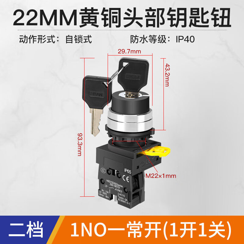 汇君 NP2平头按钮开关带灯XB2蘑菇钮电源紧急停止22mm钥匙钮选择纽Y5 钥匙纽--自锁两档--1常开