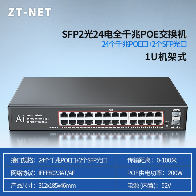 ZT-net标准POE供电交换机 5/8/10口标准千兆百兆分流器 AI智能监控摄像头分离器交换器 24千兆POE口丨上联2SFP光口丨400W