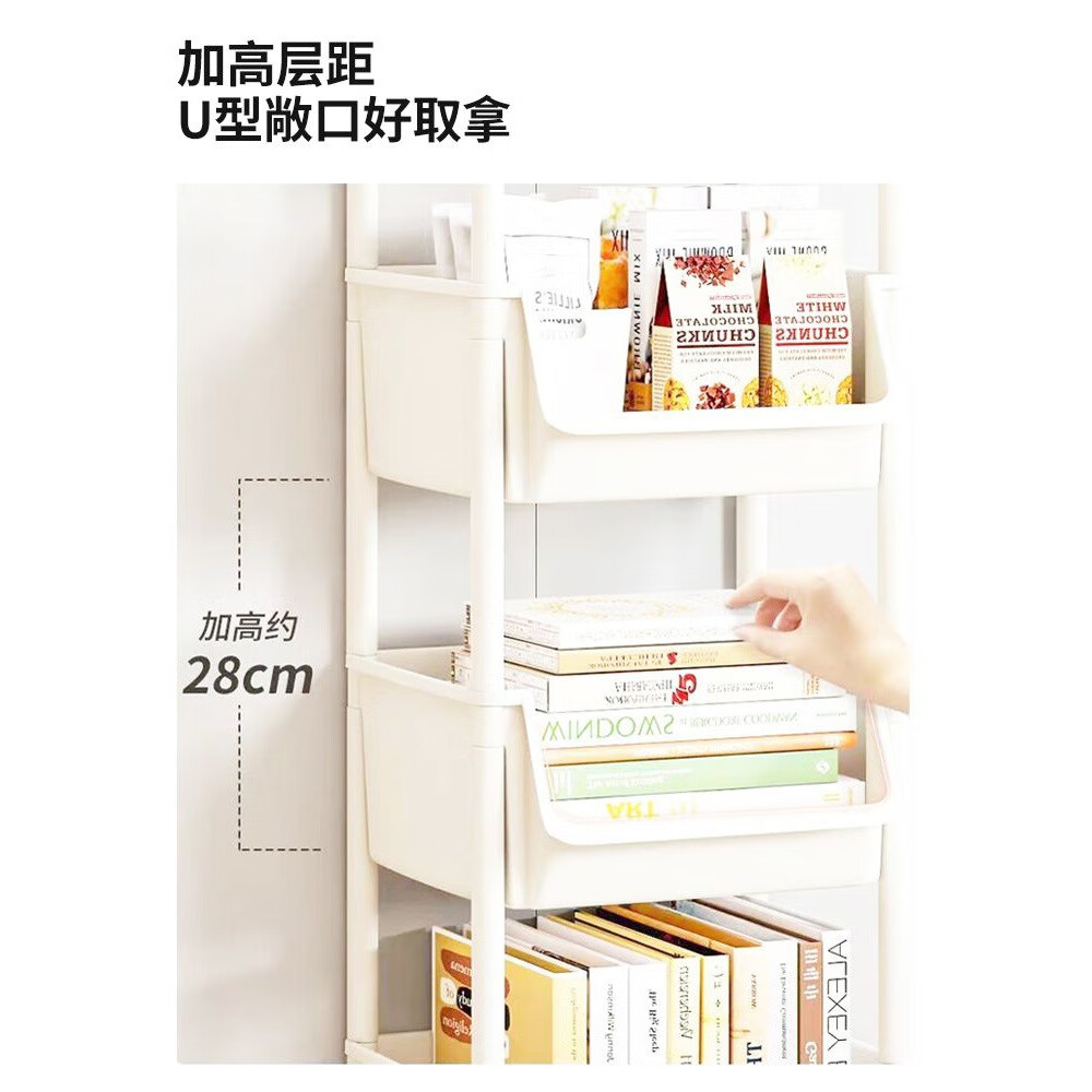小推车置物架家用零食落地多层客厅收纳书架移动厨房果蔬菜篮架子 3层白-开口款【带挂钩+滑轮】 现货