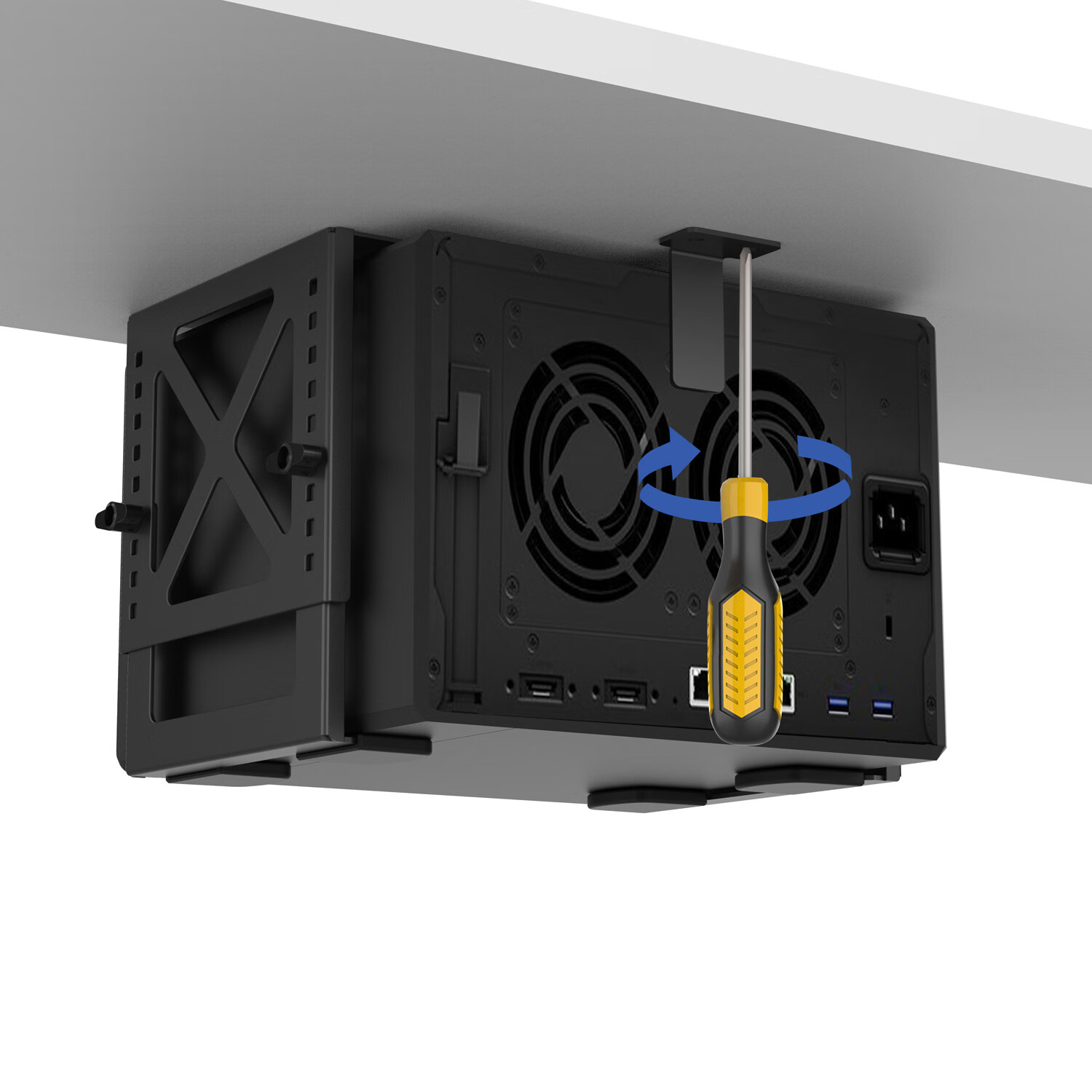 美易支高度可调节NAS电脑机箱主机桌下挂架金属支架散热网络存储器群晖戴尔带螺丝安装模板承重10公斤 黑色-10-20cm高度DX-02