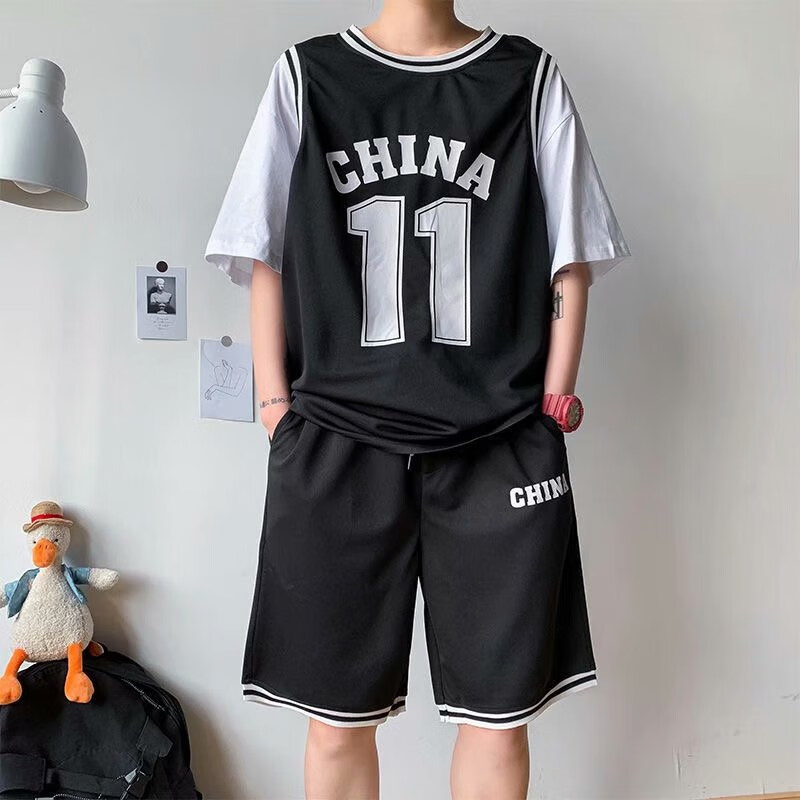 中国队篮球服男假两件短袖运动套装潮流嘻哈11号球衣女宽松男友风球服 黑色-套装 2XL（170-175厘米）