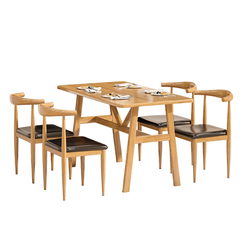 洛来宝餐桌椅餐厅桌椅学生员工食堂餐桌椅饭桌铁艺牛角椅仿木纹一桌四椅组合