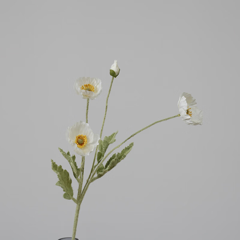 植绒罂粟花仿真花婚庆摄影花艺假花拍摄道具绢布pu简约造景 白色