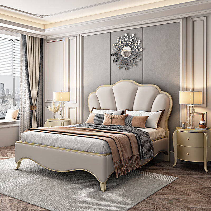 美式轻奢实木真皮双人床软包床现代简约法式婚床欧式卧室家具 实木单