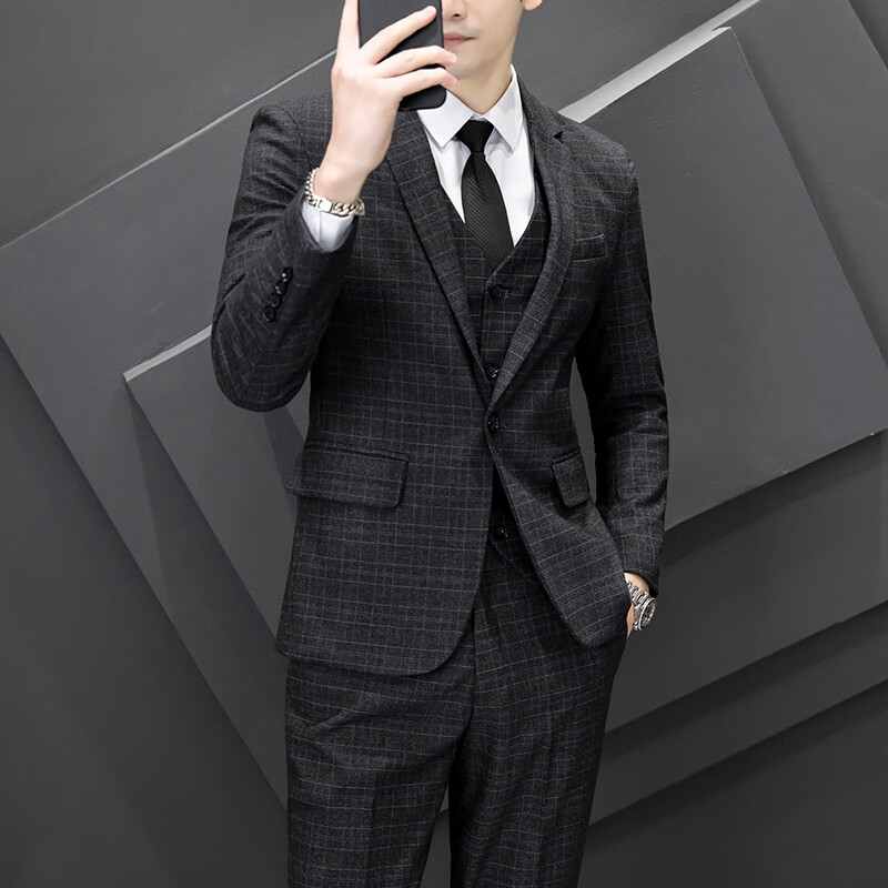okkdey西服男套装韩版商务格子三件套正装修身结婚伴郎礼服休闲西装