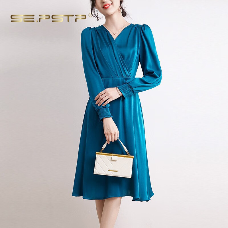 pstp重磅真丝长袖连衣裙通勤感女装春季设计感显瘦气质中长款裙子2023