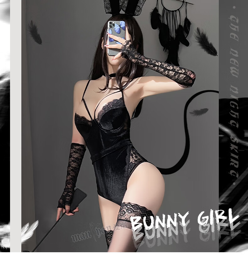 允桐 性感睡衣女兔子感蕾丝吊带睡裙夏季透明薄兔女郎诱人大耳朵套装