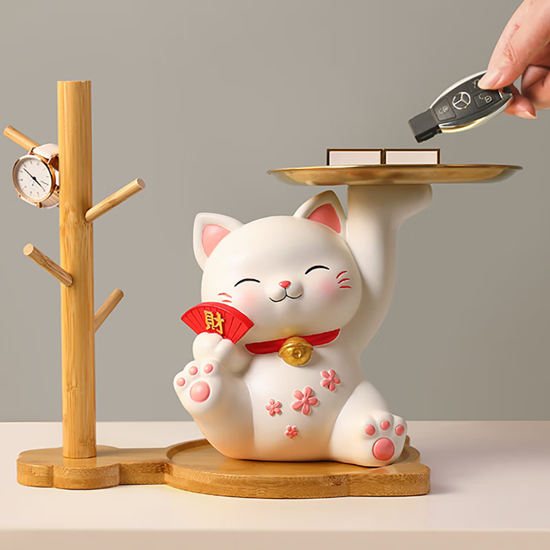玄关可爱招财猫带木架乔迁之喜入户客厅家居礼物 【发财】喜庆猫 树杈