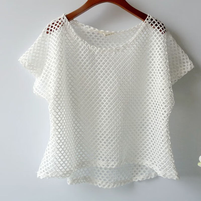 宝乔旭夏季韩版网眼衫短袖t恤上衣套头宽松蕾丝短款镂空罩衫女 白色