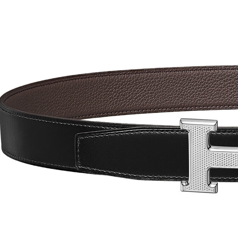 爱马仕(hermes)腰带男 荔枝深棕光面h扣小牛皮黑银菱纹皮带宽32mm 85