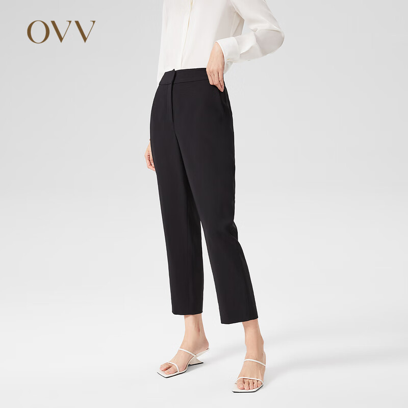 OVV【日本进口三醋酸】OVV2022春夏新款女装弹力后腰简约通勤休闲裤 黑色01 S