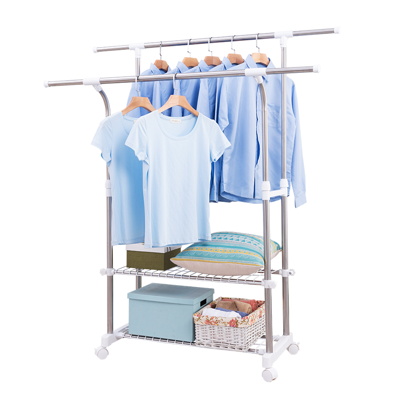 艾格玛不锈钢落地晾衣架双杆式可伸缩升降挂衣架可移动带轮阳台室内晒被子架 1.6米长伸缩加粗双层置物8027-02F