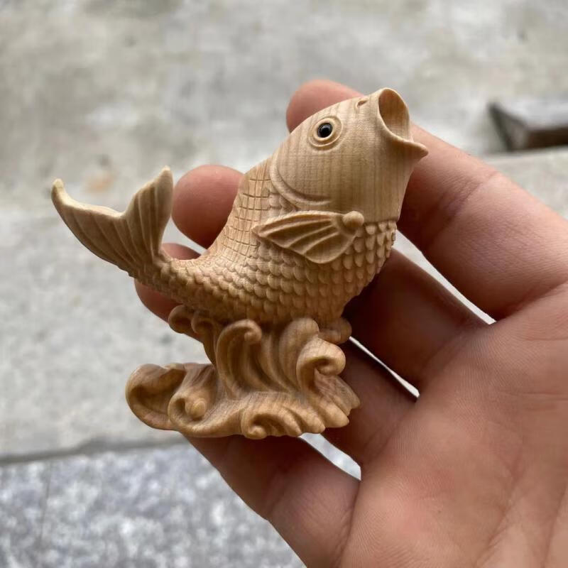 岭空小叶黄杨木雕鲤鱼跃龙门摆件年年有余招财办公室居家装饰动物礼品