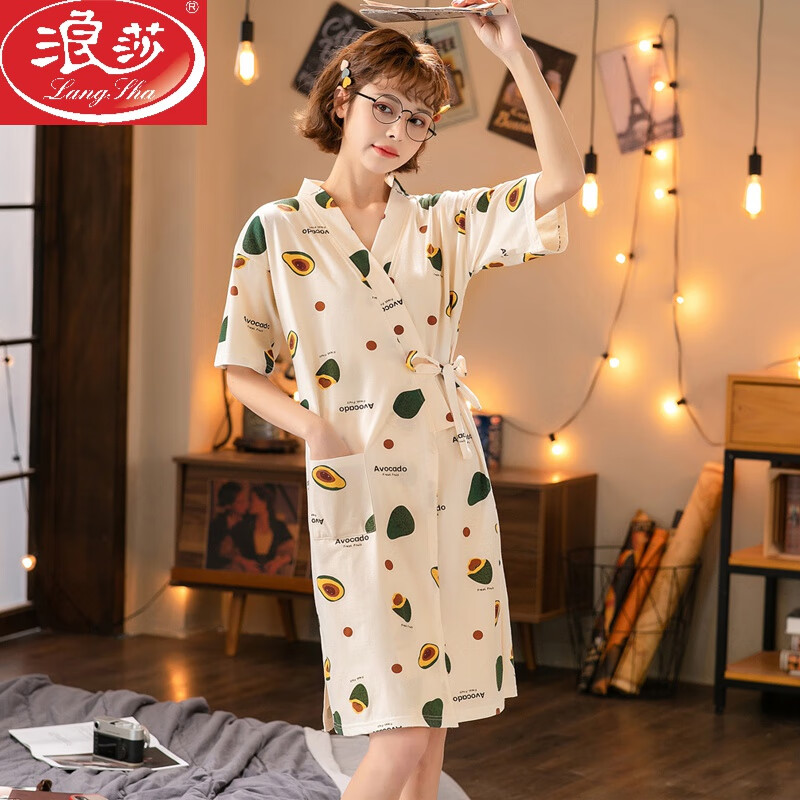 浪莎(langsha)和服睡裙女夏季卡通可爱系绳v领睡袍浴袍宽松日系睡衣