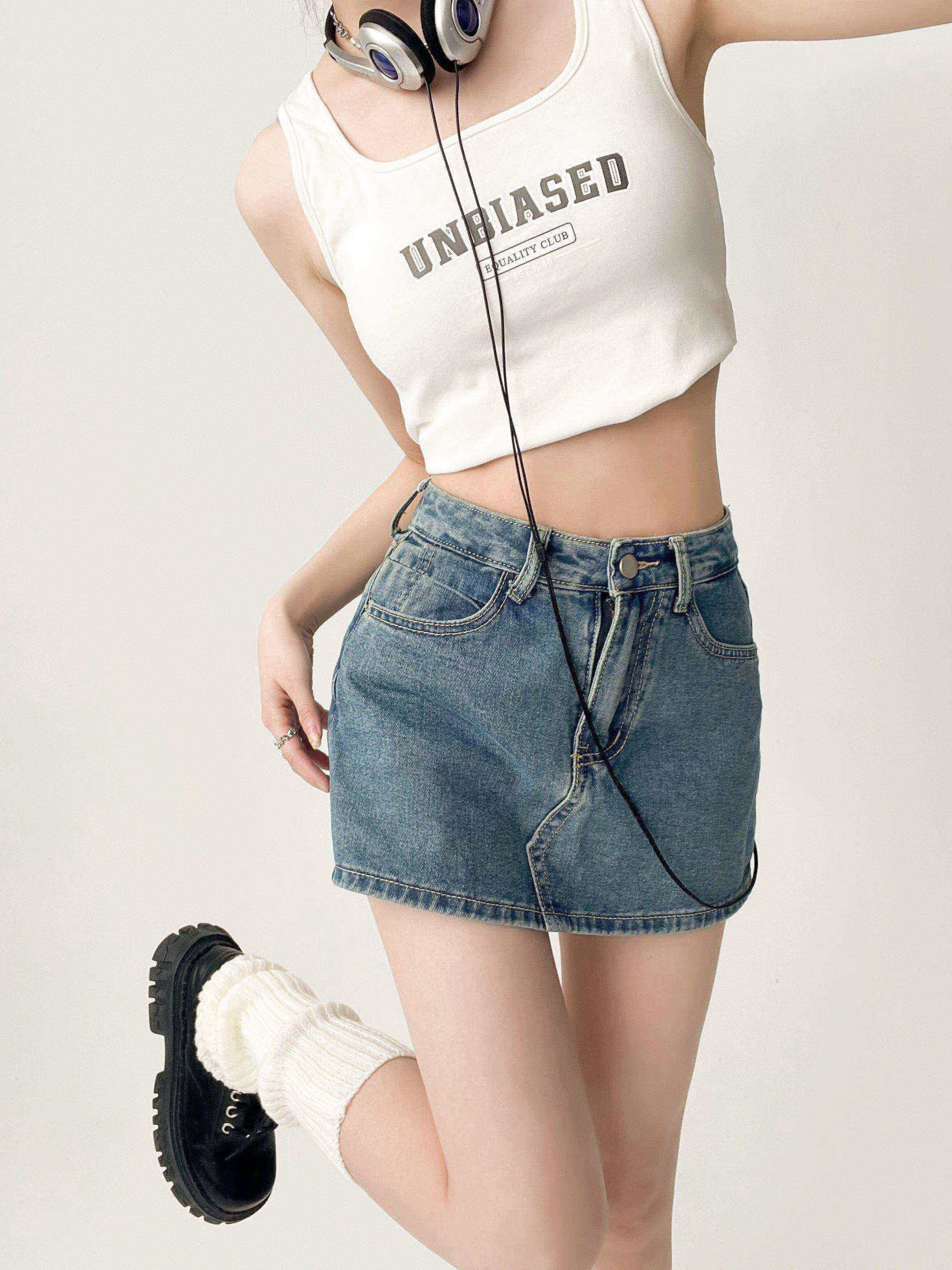 菲洛曼迷你超短裙牛仔半身裙女春夏季小个子辣妹高腰a字包臀裙 蓝色 s