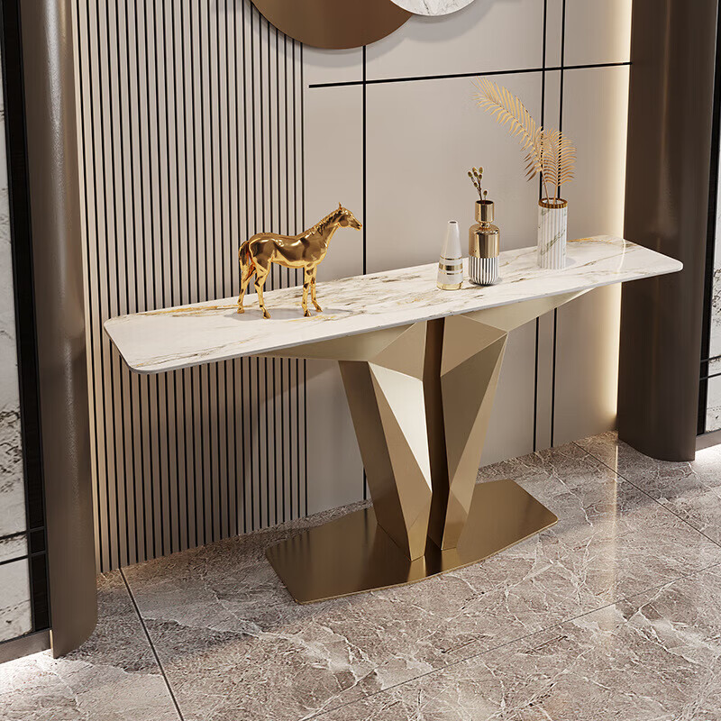 别墅玄关装饰柜 鎏金岁月柔光岩板/香槟金拉丝不锈钢 1200*350*850