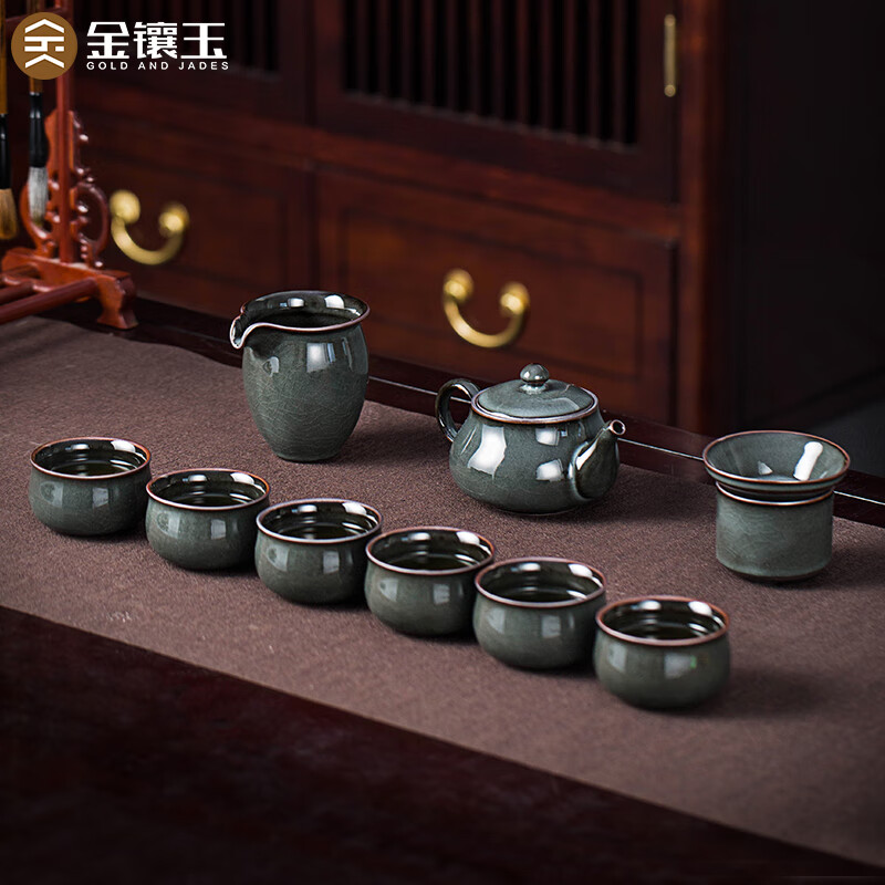 金鑲玉龍泉青瓷功夫茶具套裝茶壺茶杯鐵胎冰裂陶瓷家用高端禮盒送人整套