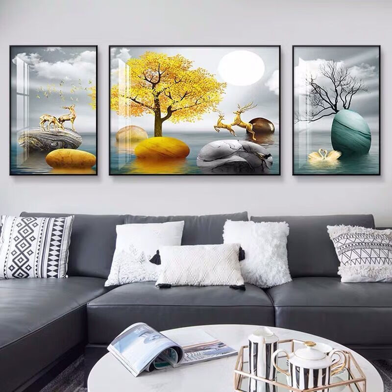 北欧客厅装饰画现代简约三联画鹿轻奢沙发背景墙装饰壁画挂画墙画 时