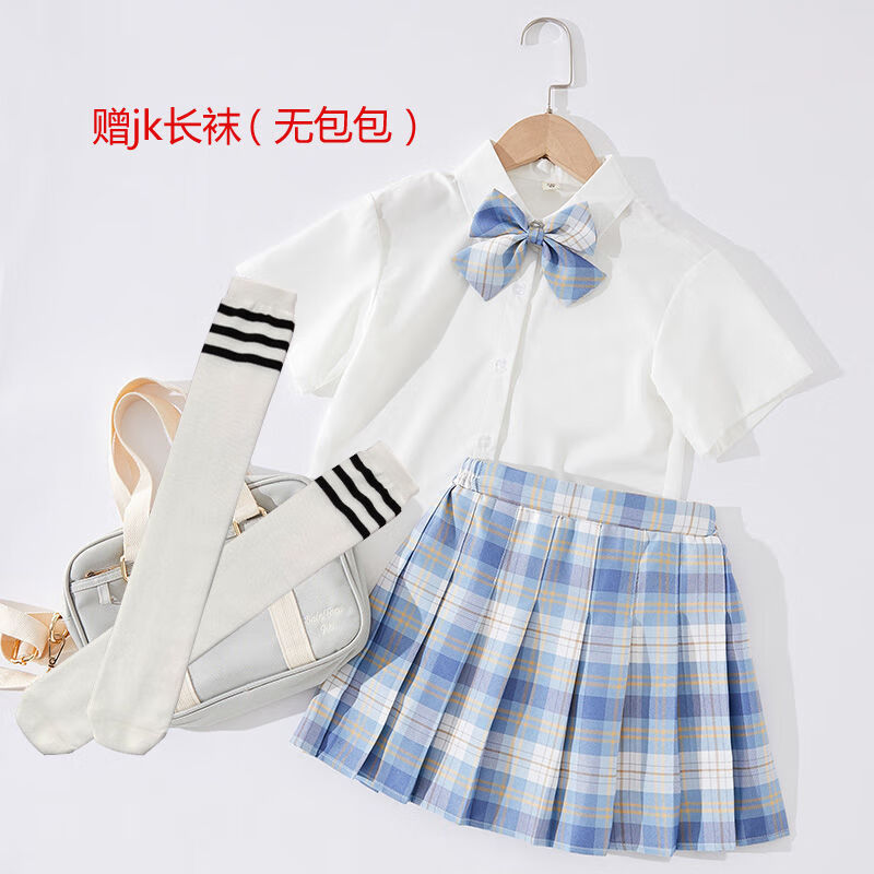 儿童jk套装小学生裙子女童夏季10岁儿童校服学院风 冰淇淋蓝百褶裙