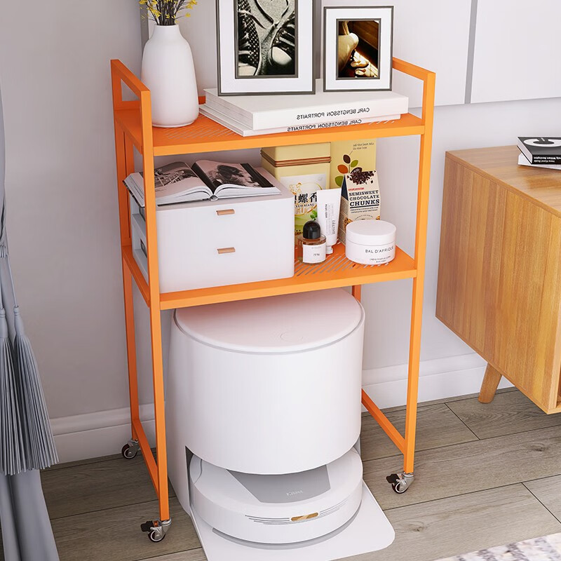 峰阳货架 扫地机器人上方置物架 带轮子可移动 落地二层家用方管架子 黑色 方管型50*30*83cm