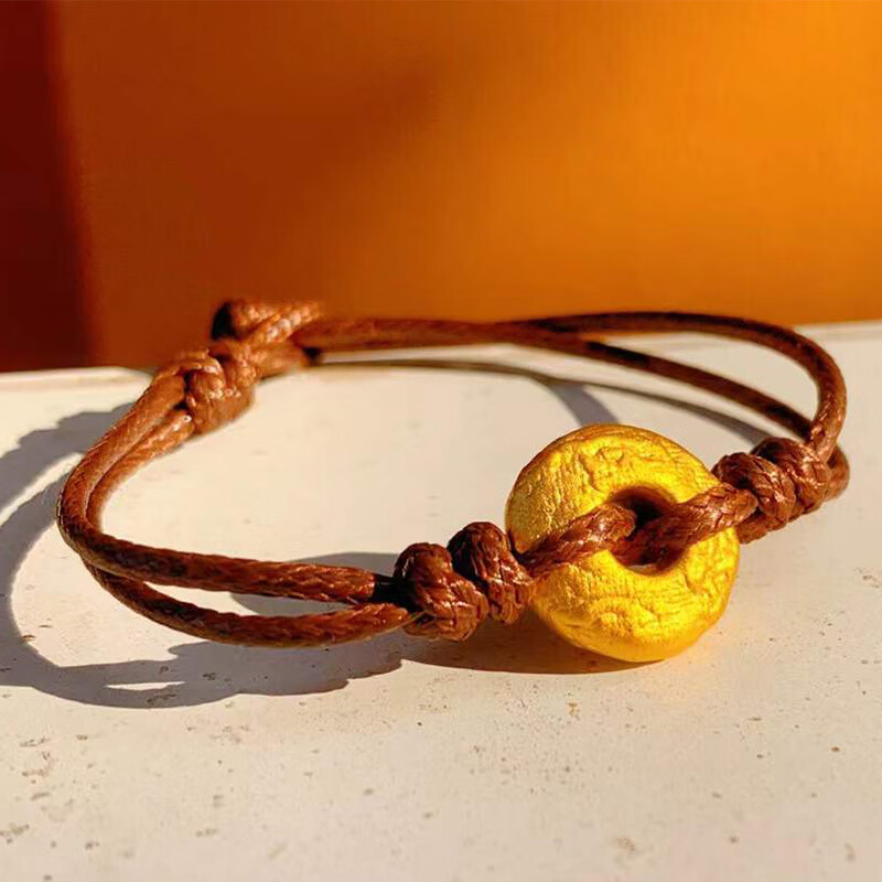 小腰金 铜钱小金饼黄金平安扣手链编绳情侣手绳一对足金路路通手串皮