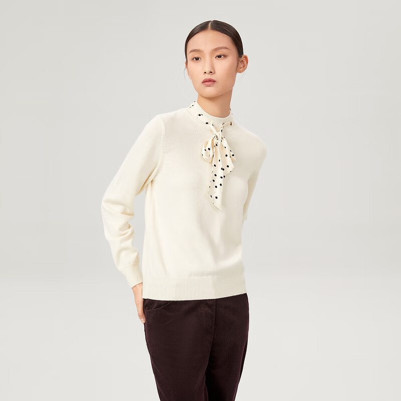 OVV秋冬新款丝巾领两穿绵羊毛精纺休闲长袖针织衫GNZAJ31121A 米白C9 L