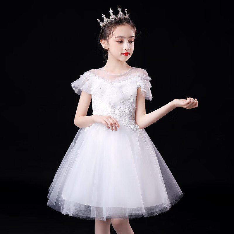 布戀貓主持人禮服女童公主裙中大童女孩白紗裙蓬蓬4-13歲學(xué)生婚紗花童 白色短款 130 cm