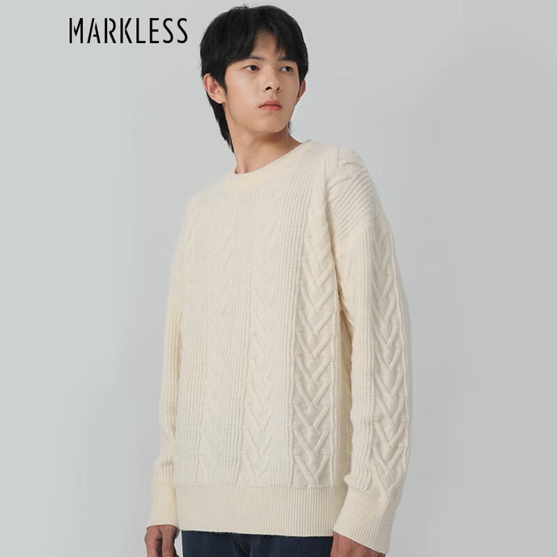 MARKLESS毛衣男2025春季寬松麻花針織衫男款休閑百搭男士打底衫MSB2710M 米白色 XL