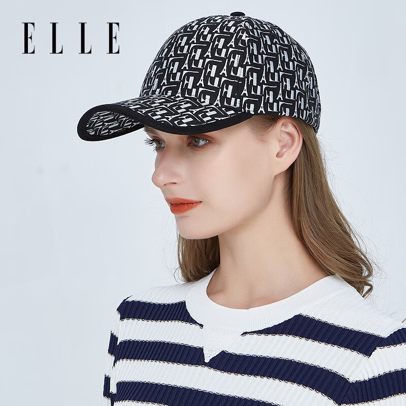 ELLE棒球帽男女时尚情侣鸭舌帽户外遮阳防晒提花帽子可调节 气质黑 均码可调节