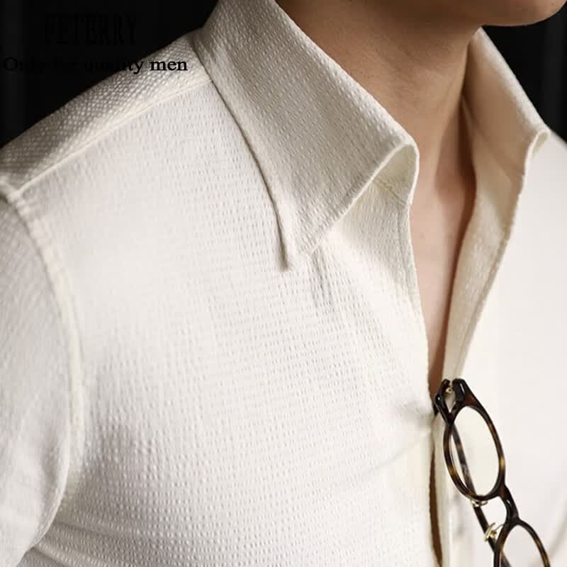 feterry休闲一片领泡泡纱衬衫男春季商务免烫长袖衬弹性修身绅士白色