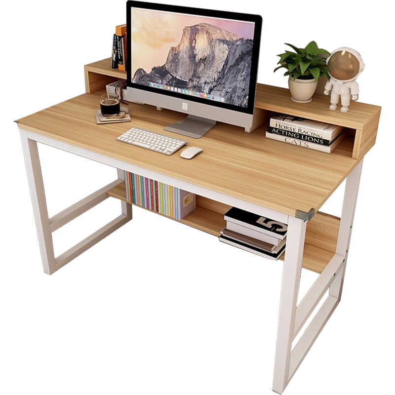 雅美乐 电脑桌台式 家用书桌办公桌简易简约写字台 带书架学习桌子 浅胡桃色+白色钢架YSZ485