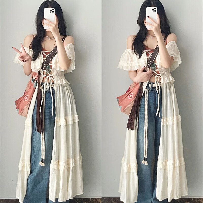 知特(zhite)长裙夏季到脚踝显瘦荷叶边一字肩连衣裙女新款小众设计感