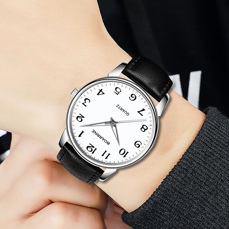 伯恩（BOARRNE）中考高考试静音专用手表 初中学生高中生手表学生男女夜光防水表 雅白40盘 皮带男表（无历）