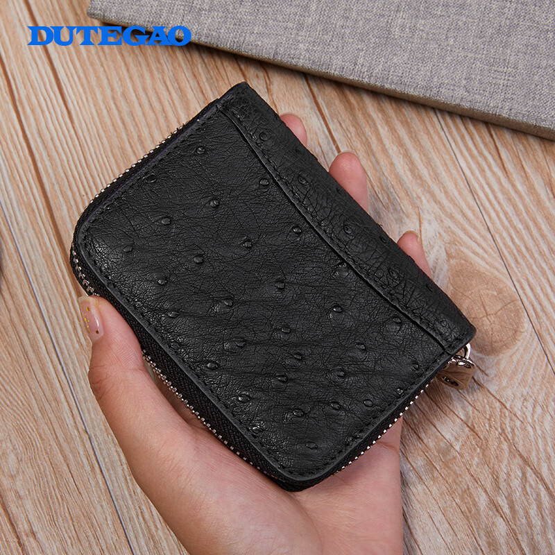 DUTEGAO鸵鸟皮卡包男士多卡位大容量银行卡套零钱包节日生日礼物风琴卡包 黑色-Q62009739-71A1
