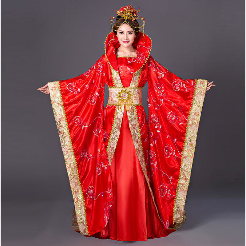 京霆古装婚服汉服唐朝古装贵妃大拖尾蕾丝绣花汉服婚礼嫁衣.
