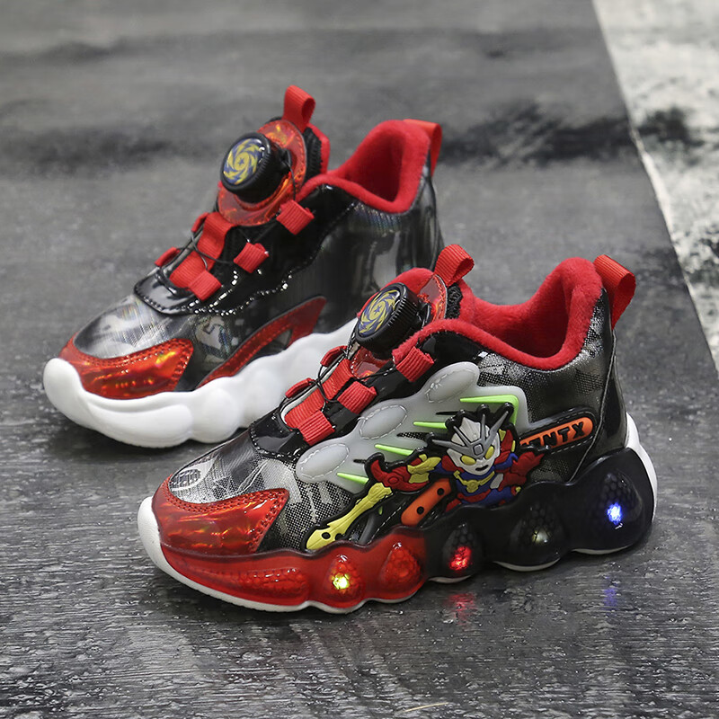 爱菲莹会发光的鞋子奥特曼男童鞋子男宝鞋男孩儿童旋转纽扣鞋春透气网