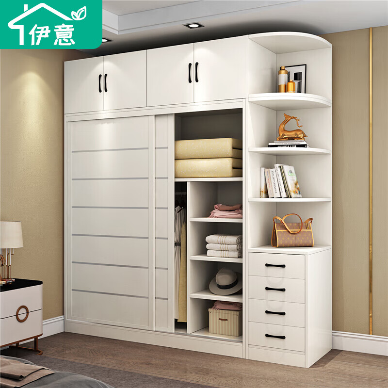 定制】伊意衣柜实木质推拉门卧室移门大衣橱简易家用储物柜子 天使白