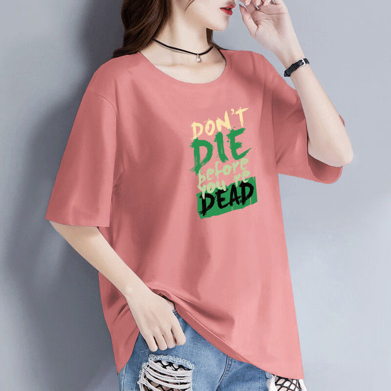 勒足纯棉短袖t恤女宽松夏季2023年新款圆领休闲百搭字母印花半袖体恤