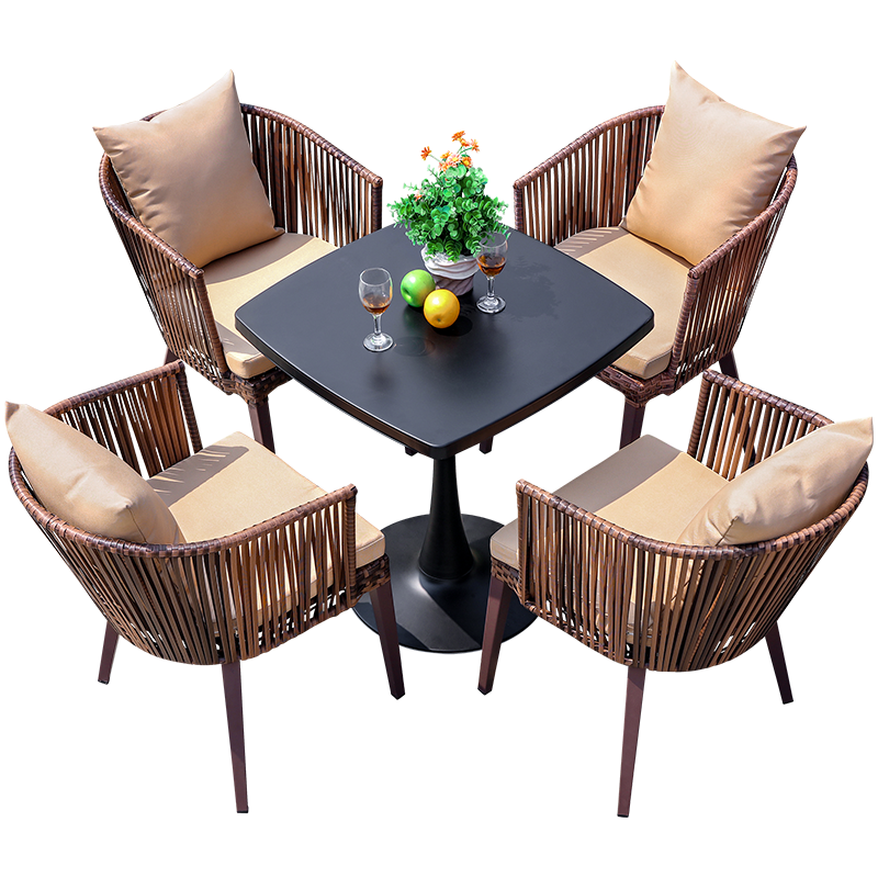 户外桌椅咖啡厅奶茶店藤编长台组合庭院露台室外酒店花园休闲阳台家具 4椅+70CM碳钢不规则台