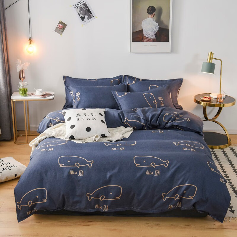 多兰诗（Duolanshi）磨毛四件套 斜纹印花卡通套件被套床单宿舍四季床上四件套 深海流动 1.5米 床笠款 -被套200*230 四件套