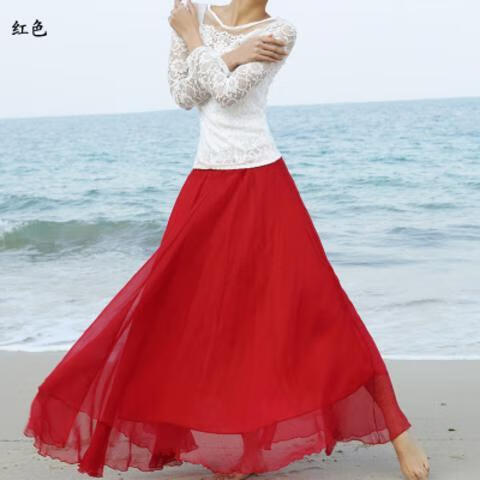 半身裙舞蹈裙高腰广场舞裙子双层大摆裙720度广场舞半身长裙跳舞 红色